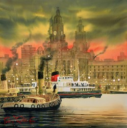 Mersey Tugs, Liverpool by Peter J Rodgers - Original Painting on Paper sized 20x20 inches. Available from Whitewall Galleries